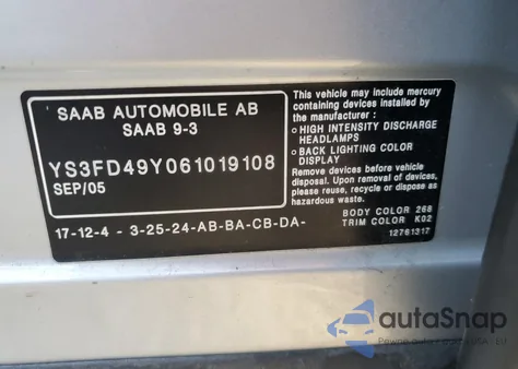2006 Saab 9-3 from USA, damaged, VIN YS3FD49Y061019108